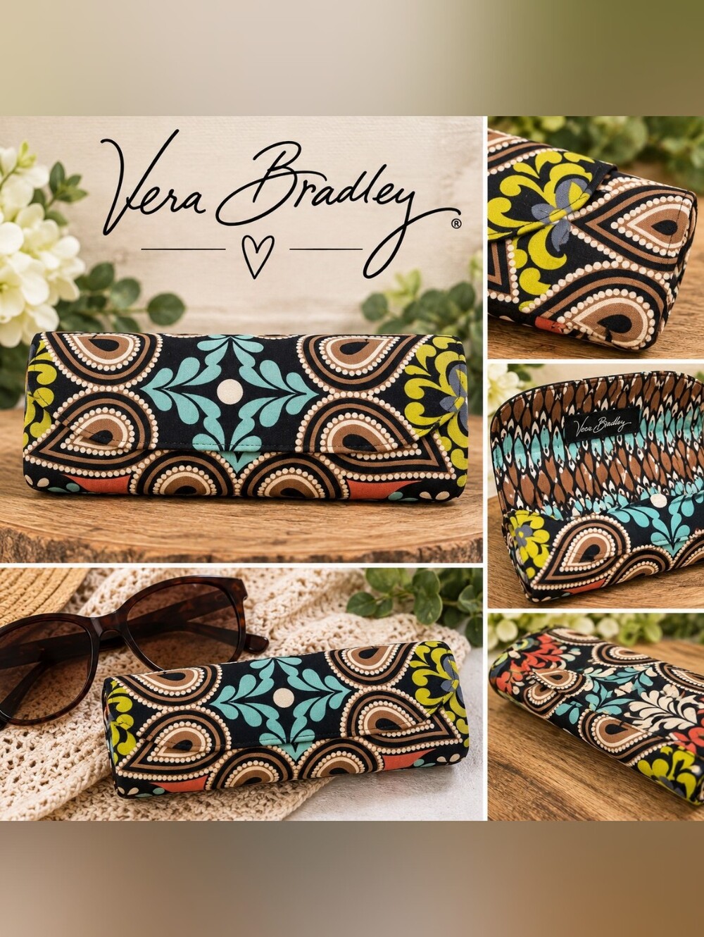 Vera Bradley Printed Fabric Sunglasses Case in Black, Teal, Yellow and Tan